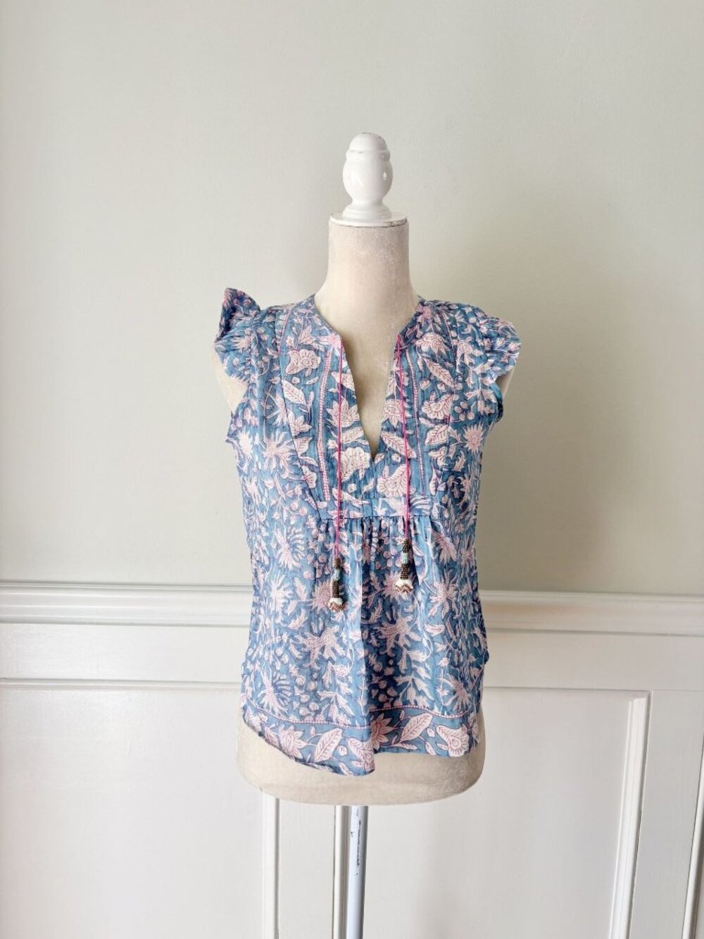 Alicia Bell Pink & Blue Printed Ruffle Sleeve Top XS Silk Cotton